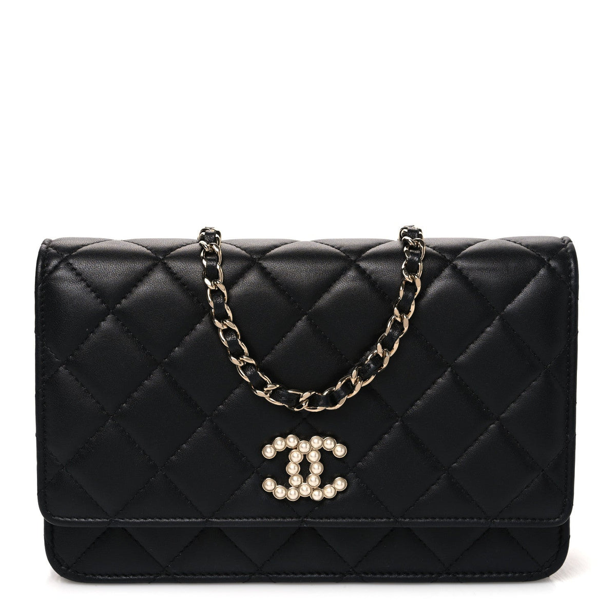 Lambskin Quilted Pearl CC Wallet on Chain WOC Black wholesalehk.shop