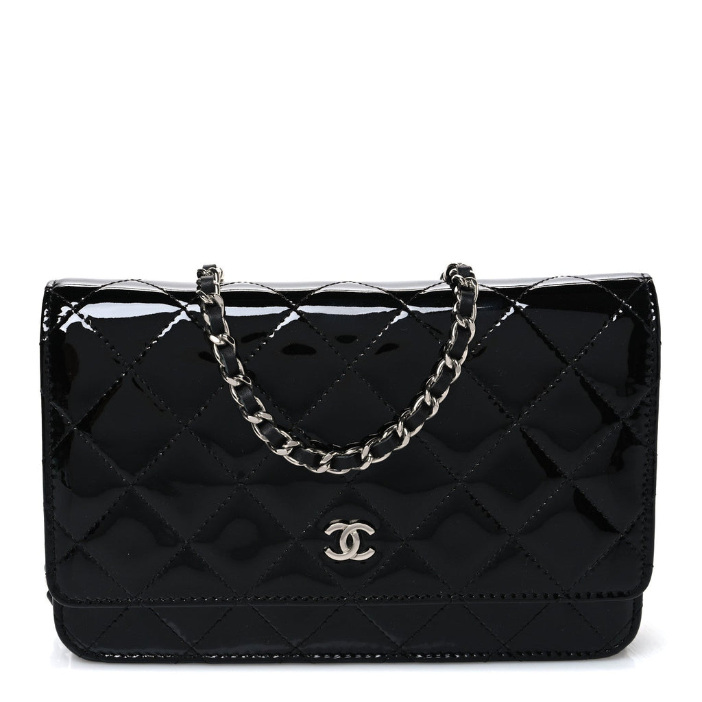 Patent Quilted Wallet On Chain WOC Black wholesalehk.shop