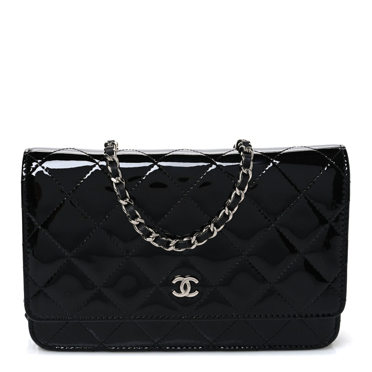 Patent Quilted Wallet On Chain WOC Black wholesalehk.shop