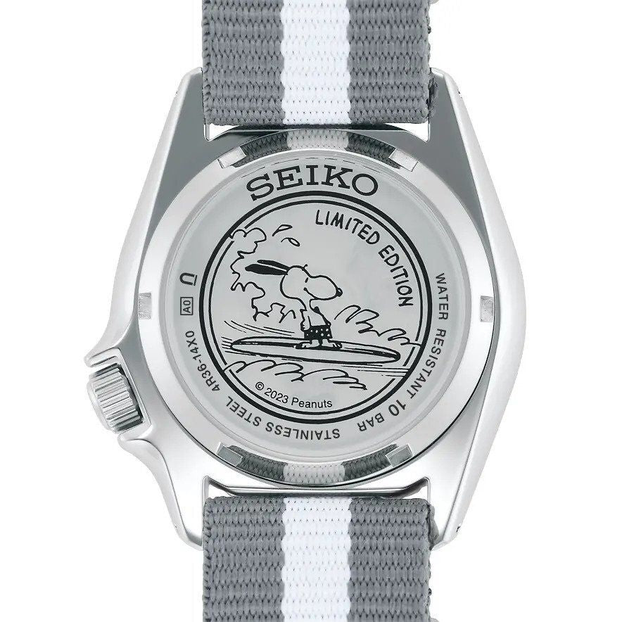 Seiko 5 Sports x Peanuts Surfboard Snoopy Limited Edition White Dial Two Tone NATO Strap Watch For Men - SRPK25K1 wholesalehk.shop