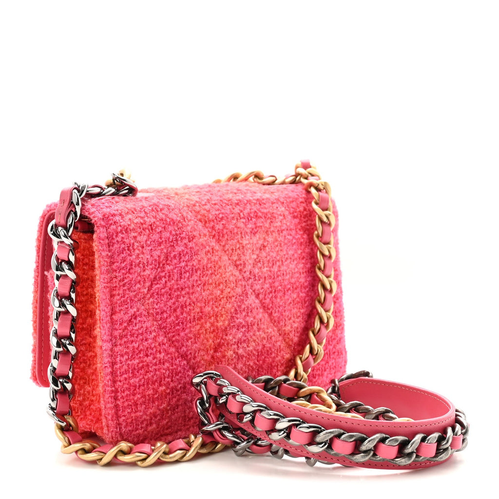 Wool Tweed Lambskin Quilted Chanel 19 Wallet On Chain WOC Coral Pink wholesalehk.shop