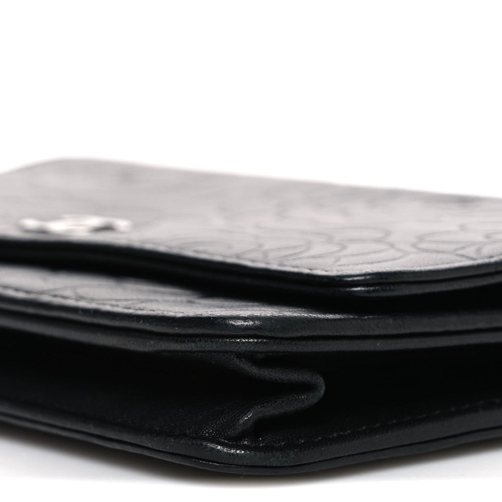 Lambskin Camellia Embossed Wallet on Chain WOC Black wholesalehk.shop