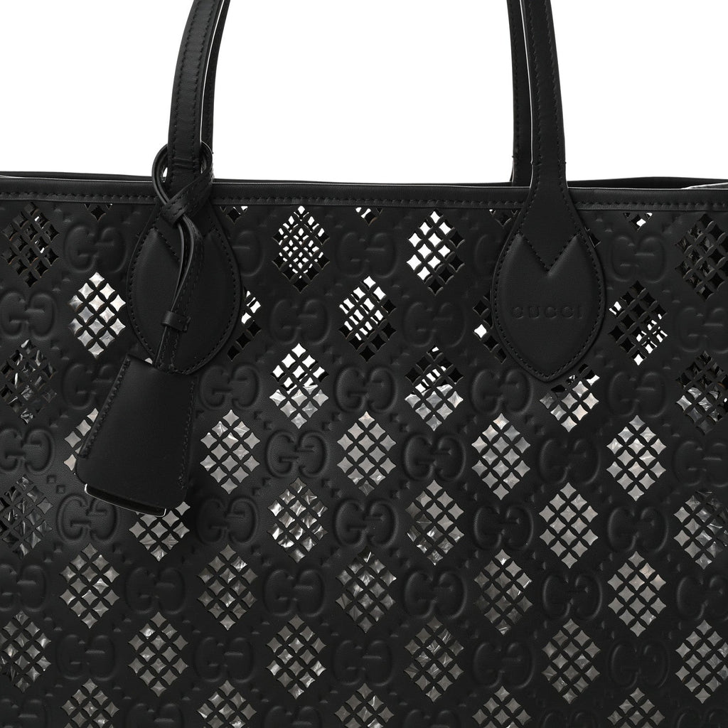Calfskin GG Monogram Diamond Cut Medium Ophidia Tote Bag Black wholesalehk.shop
