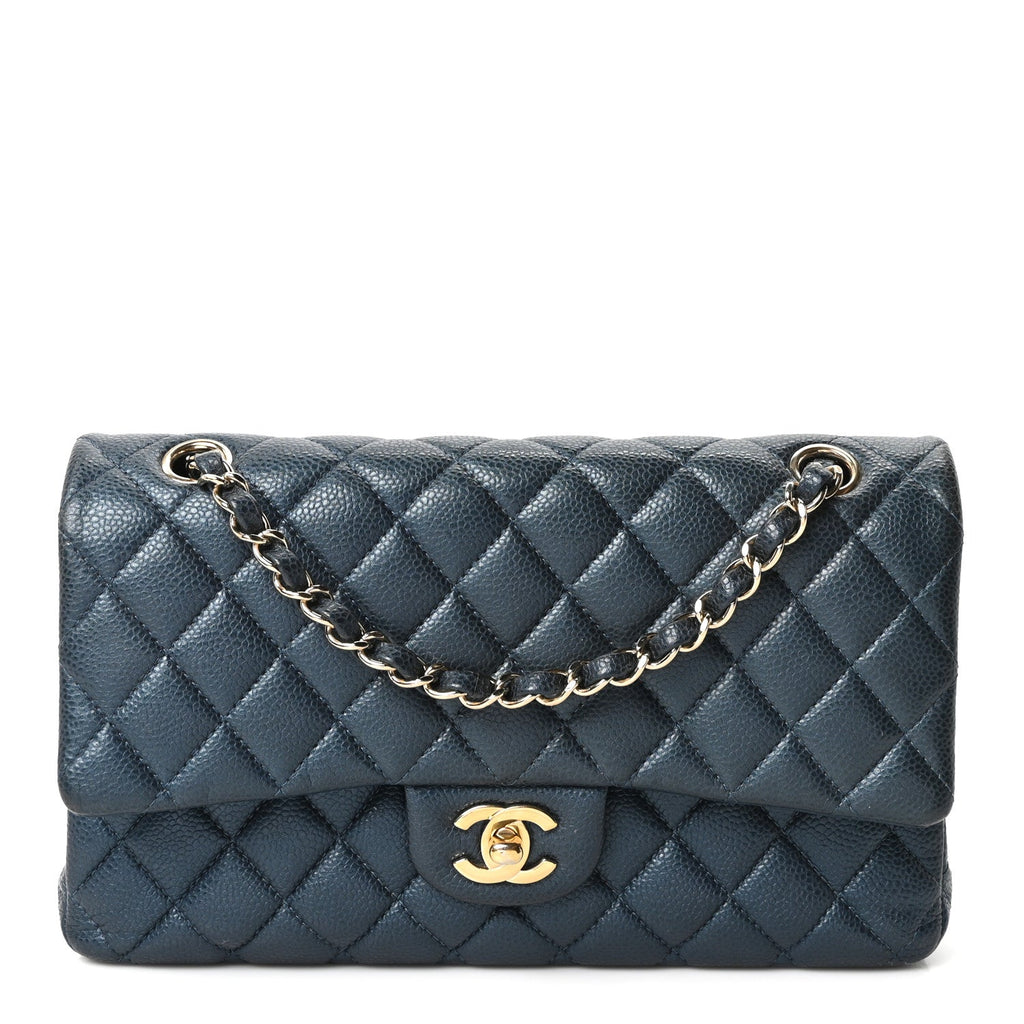 Metallic Caviar Quilted Medium Double Flap Dark Blue wholesalehk.shop