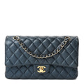 Metallic Caviar Quilted Medium Double Flap Dark Blue wholesalehk.shop