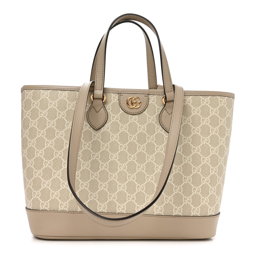 GG Supreme Monogram Textured Dollar Calfskin Small Ophidia Shoulder Tote Bag Beige Mystic White Oatmeal wholesalehk.shop