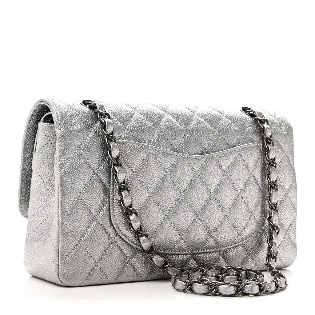 Metallic Caviar Quilted Medium Double Flap Silvery wholesalehk.shop