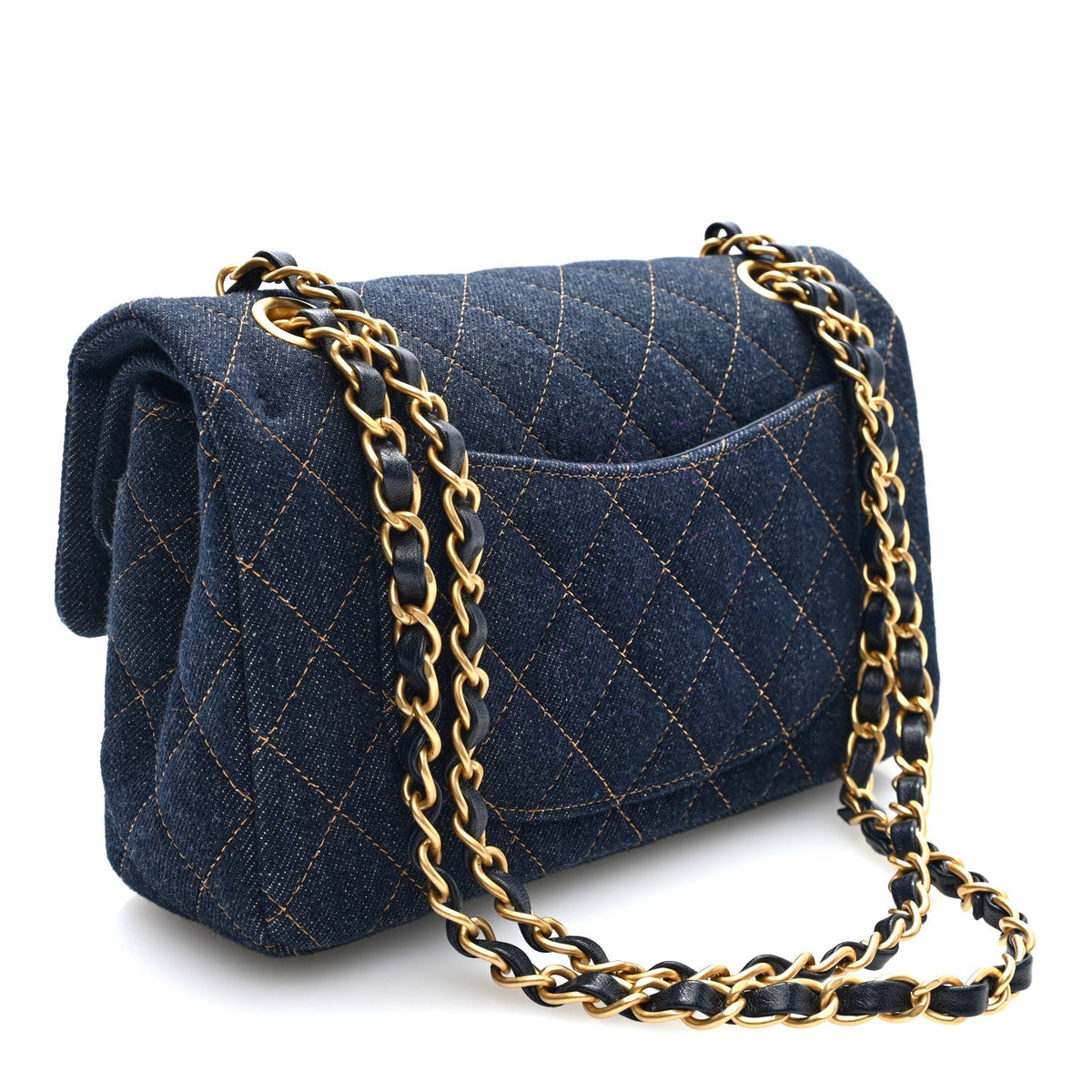 Denim Quilted Small Double Flap Dark Blue Orange wholesalehk.shop