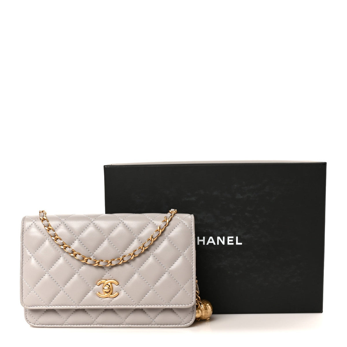 Lambskin Quilted CC Pearl Crush Wallet on Chain WOC Grey wholesalehk.shop