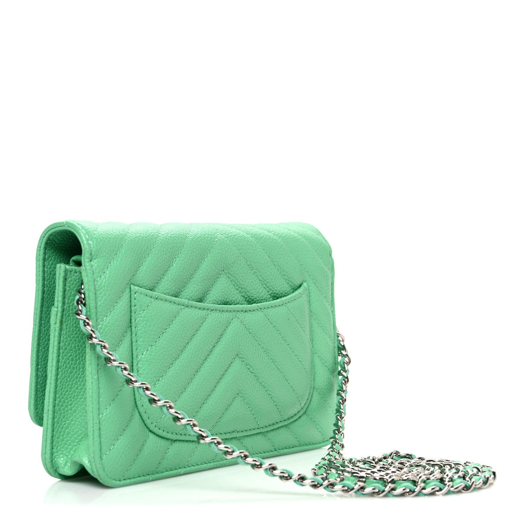 Caviar Chevron Quilted Wallet On Chain WOC Green wholesalehk.shop