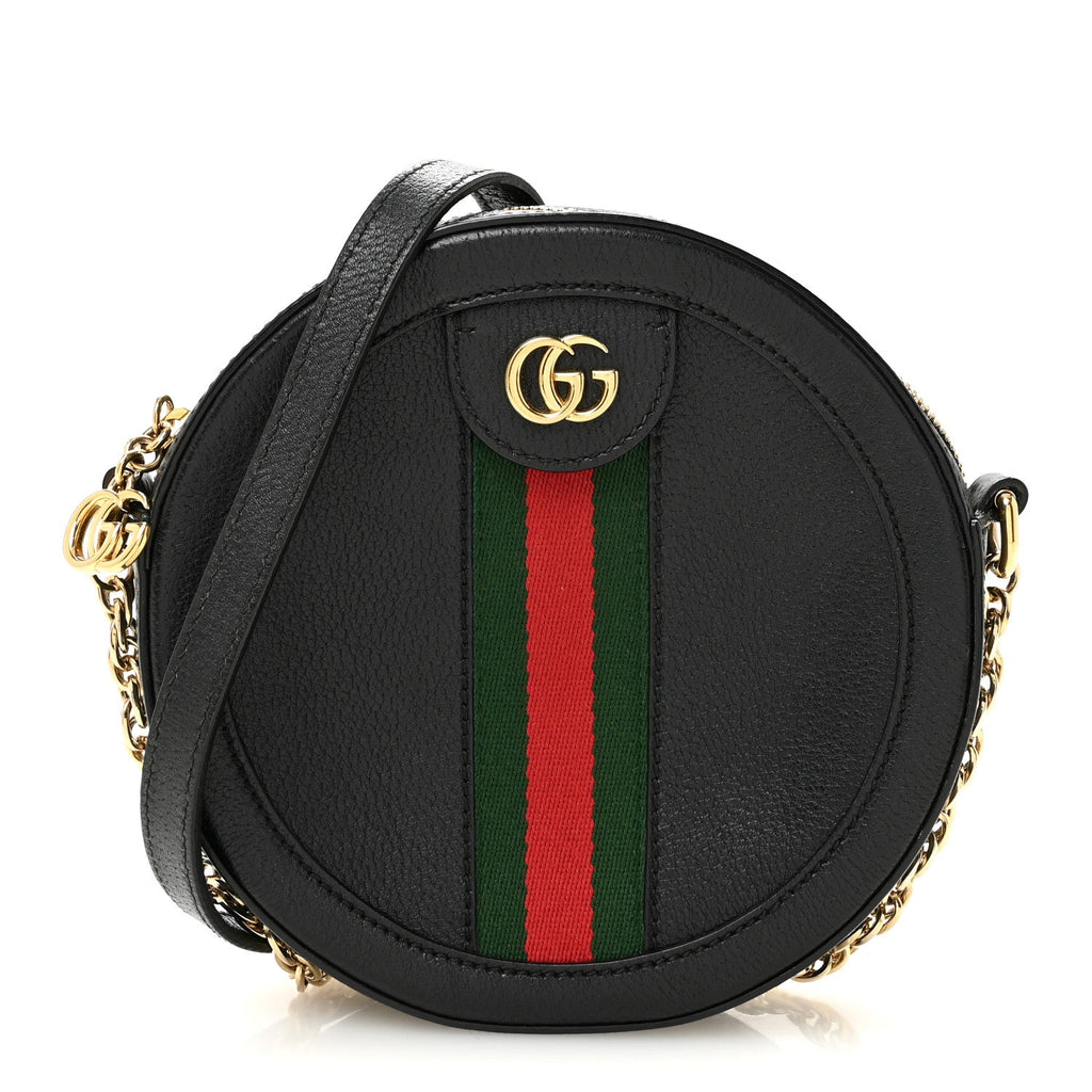 Grained Calfskin Web Mini Ophidia Round Shoulder Bag Black wholesalehk.shop