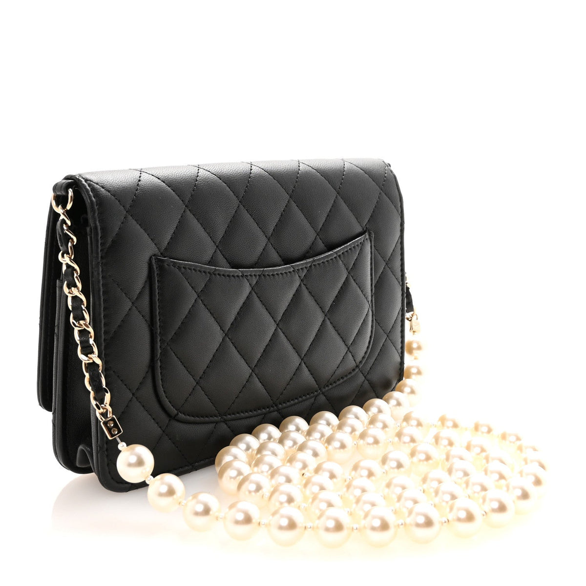 Lambskin Quilted Pearl Wallet On Chain WOC Black wholesalehk.shop