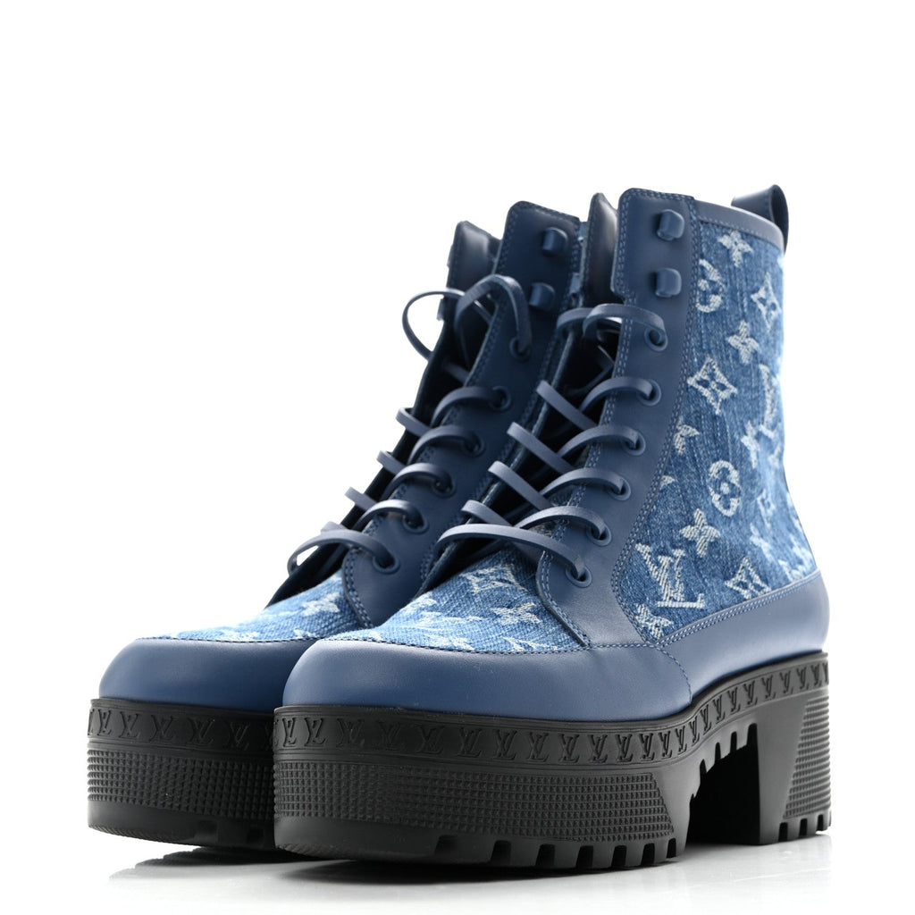 Calfskin Monogram Denim Laureate Platform Desert Boots 38 Blue £¨ Direct shipment via from wholesalehk.shop