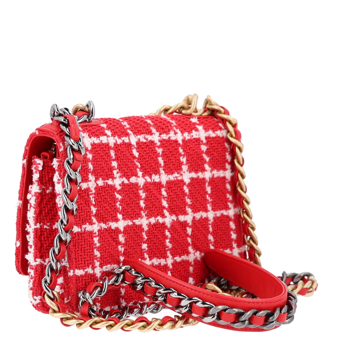 Tweed Quilted Chanel 19 Wallet On Chain WOC Red White wholesalehk.shop
