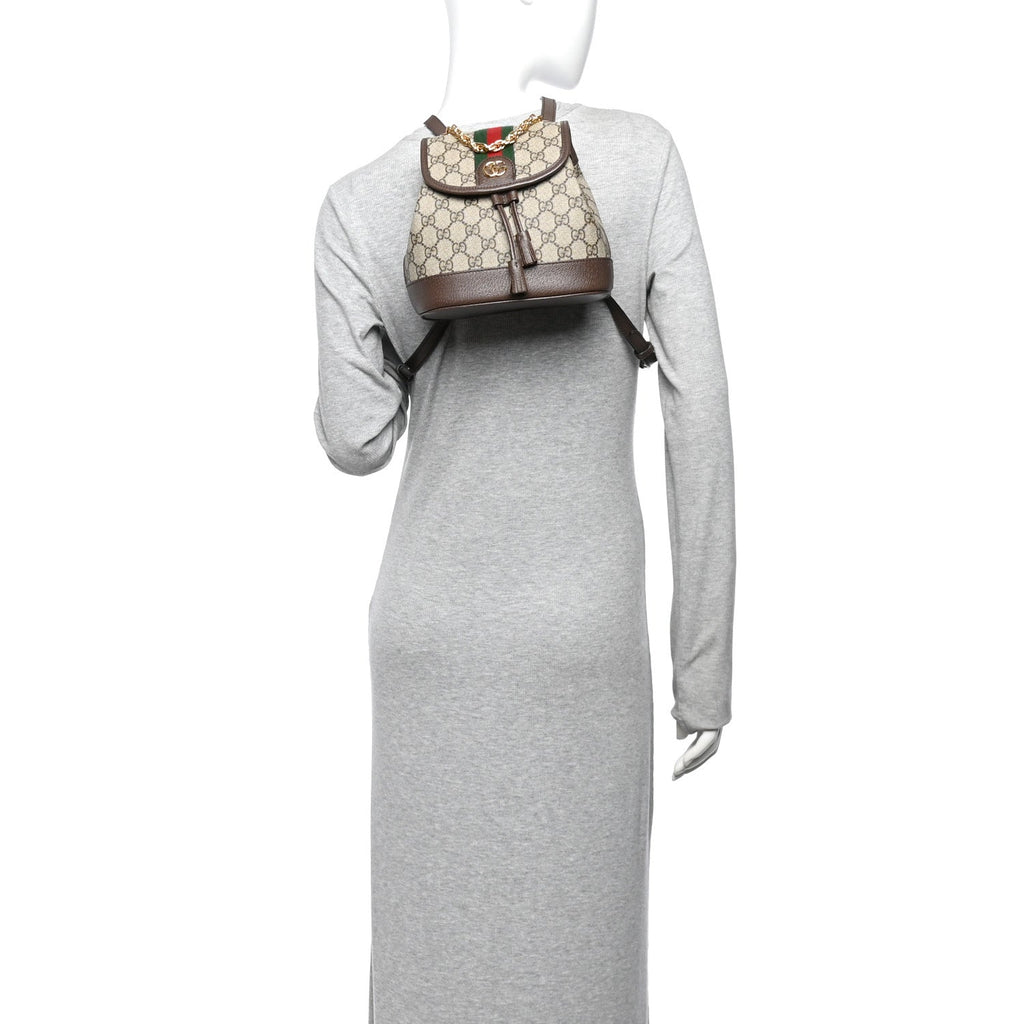 GG Supreme Monogram Textured Dollar Calfskin Web Mini Ophidia Chain Drawstring Backpack Beige Brown wholesalehk.shop