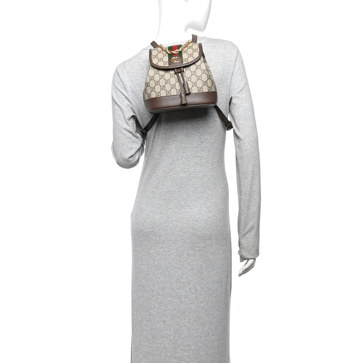 GG Supreme Monogram Textured Dollar Calfskin Web Mini Ophidia Chain Drawstring Backpack Beige Brown wholesalehk.shop