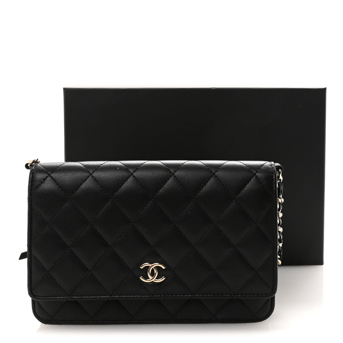 Lambskin Quilted Pearl Wallet On Chain WOC Black wholesalehk.shop