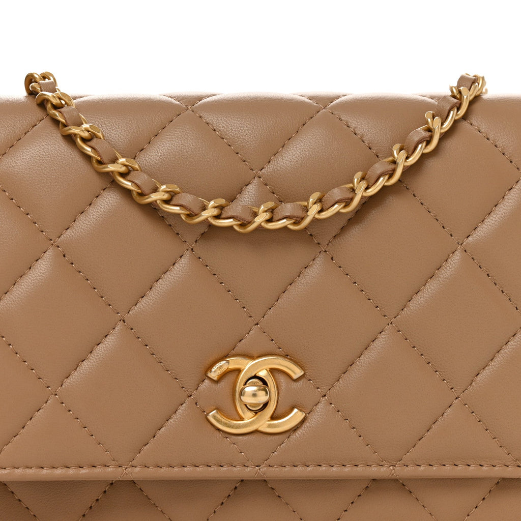 Lambskin Quilted CC Pearl Crush Wallet on Chain WOC Beige wholesalehk.shop