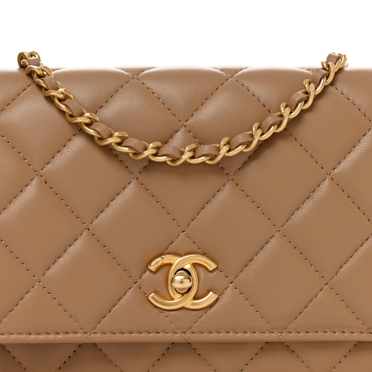 Lambskin Quilted CC Pearl Crush Wallet on Chain WOC Beige wholesalehk.shop