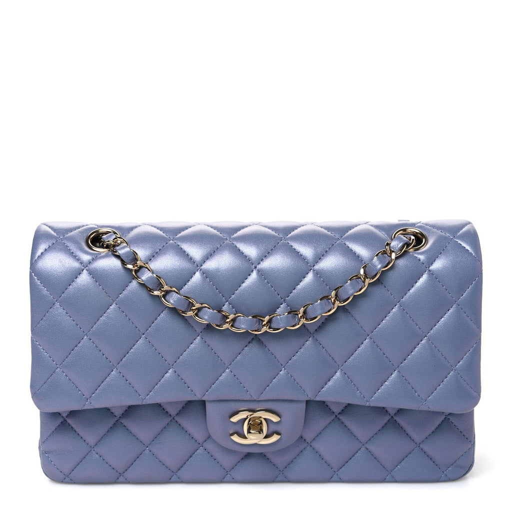 Iridescent Lambskin Quilted Medium Double Flap Light Purple wholesalehk.shop