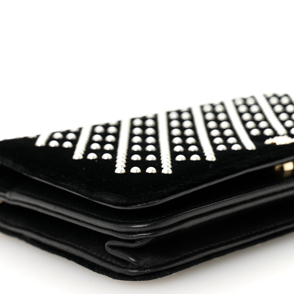 Velvet Pearl Diamond Embellished Wallet On Chain WOC Black wholesalehk.shop