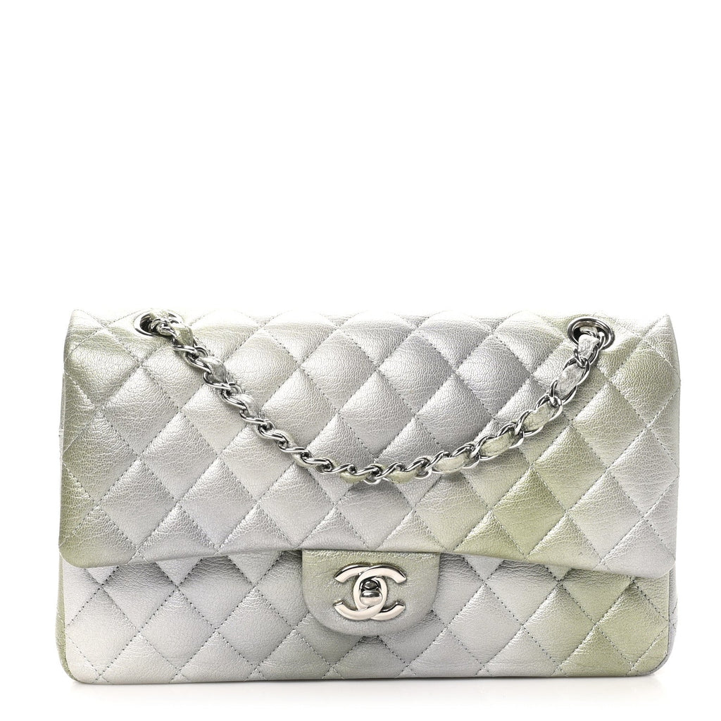 Metallic Goatskin Quilted Ombre Medium Double Flap Grey Green wholesalehk.shop