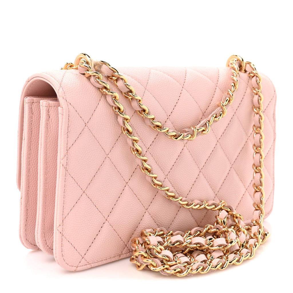 Shiny Caviar Quilted Flap Charm Wallet On Chain WOC Light Pink wholesalehk.shop