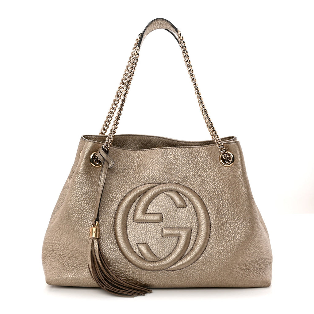Metallic Pebbled Calfskin Medium Soho Chain Shoulder Bag Golden Beige wholesalehk.shop