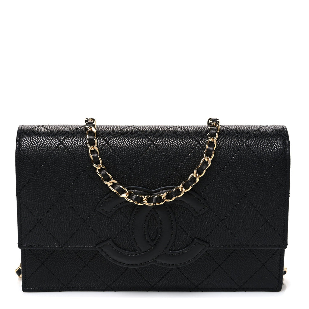 Shiny Caviar Lambskin Quilted CC Neo Filigree Wallet on Chain WOC Black wholesalehk.shop
