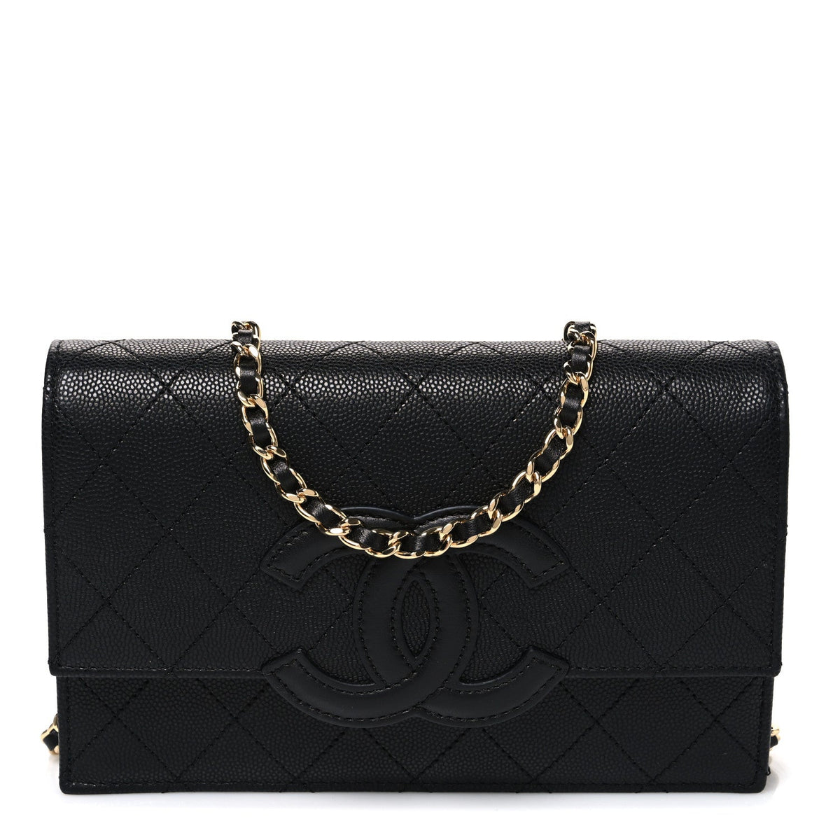 Shiny Caviar Lambskin Quilted CC Neo Filigree Wallet on Chain WOC Black wholesalehk.shop