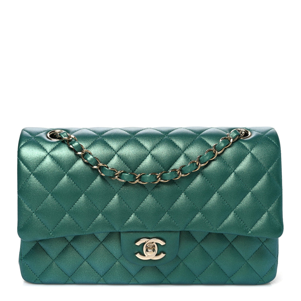 Iridescent Calfskin Quilted Medium Double Flap Green wholesalehk.shop