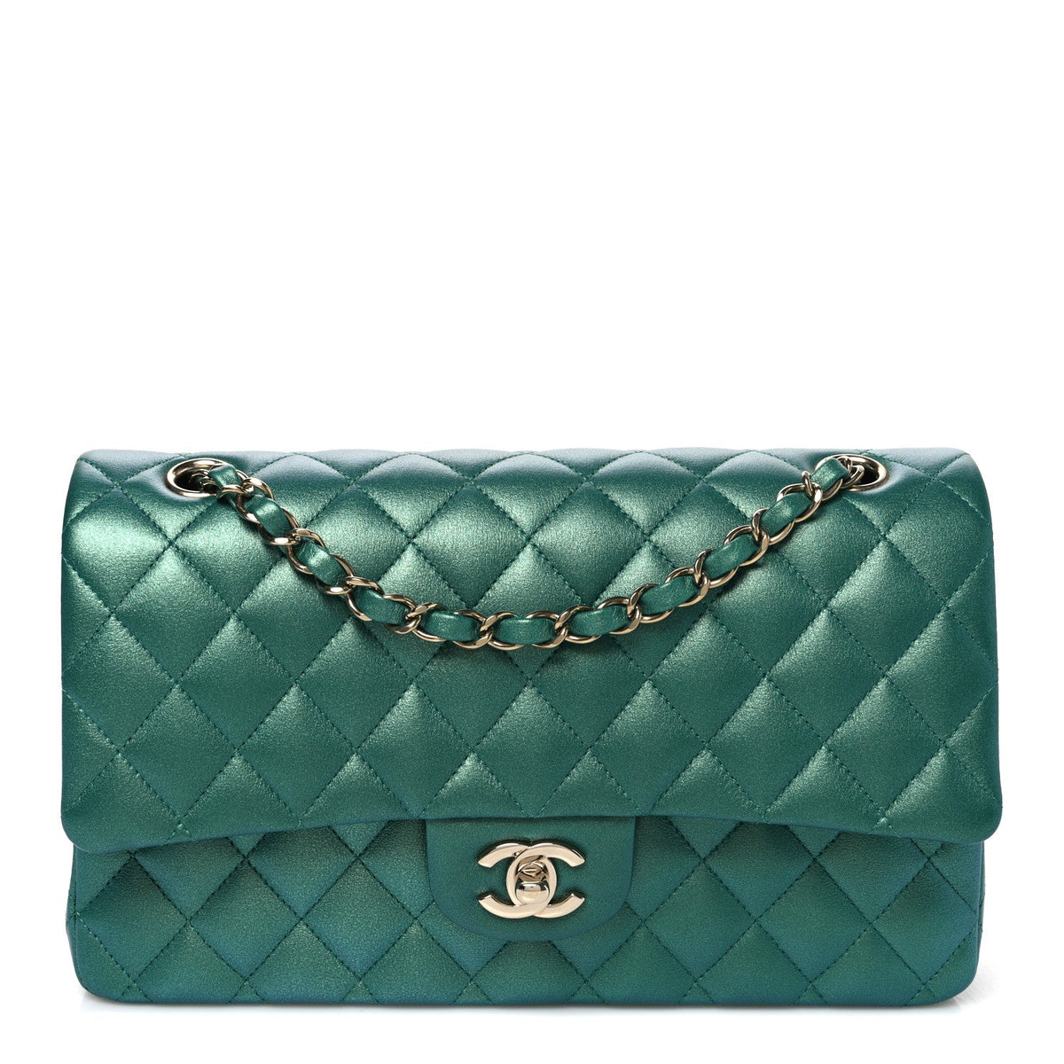 Iridescent Calfskin Quilted Medium Double Flap Green wholesalehk.shop