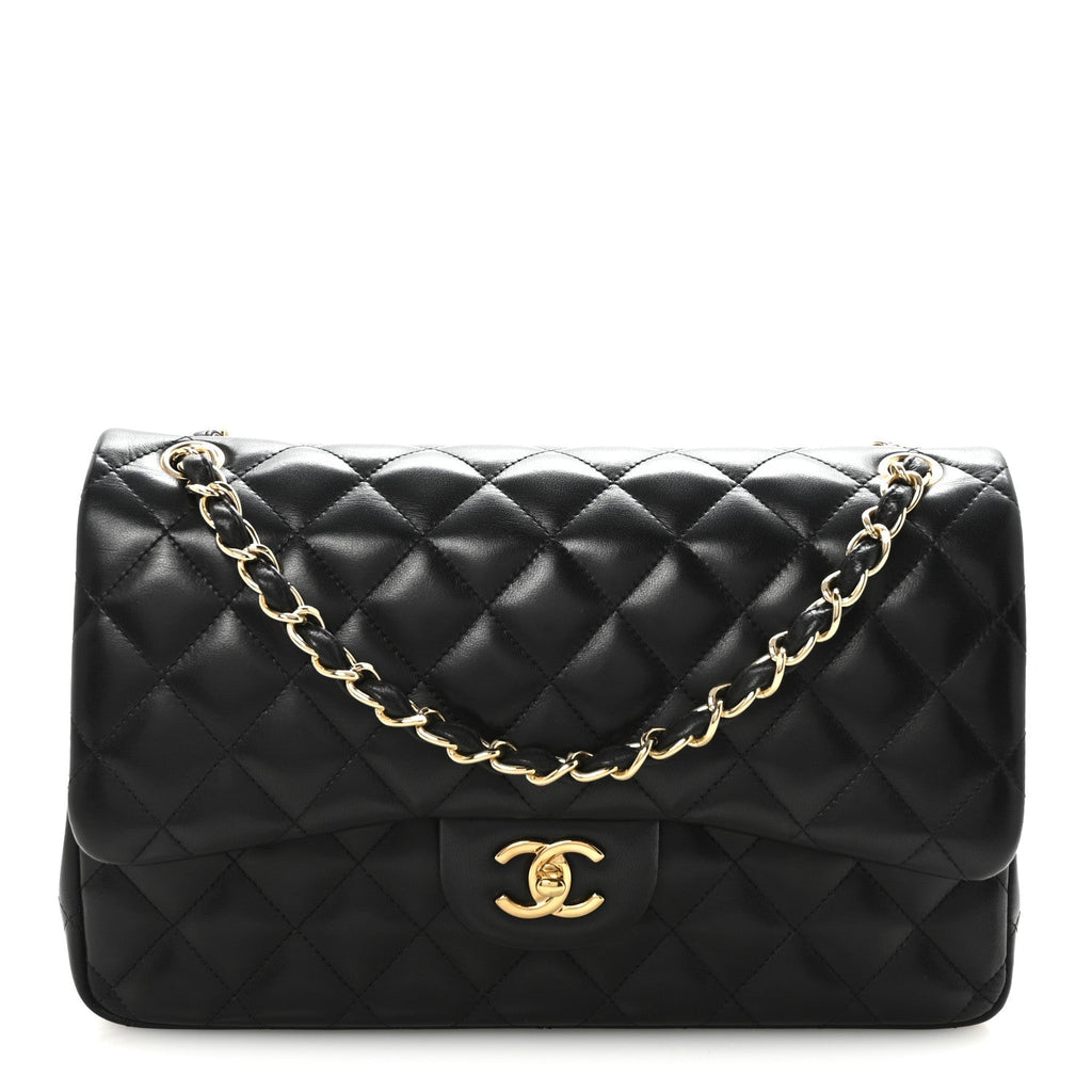 Lambskin Quilted Jumbo Double Flap  Black wholesalehk.shop