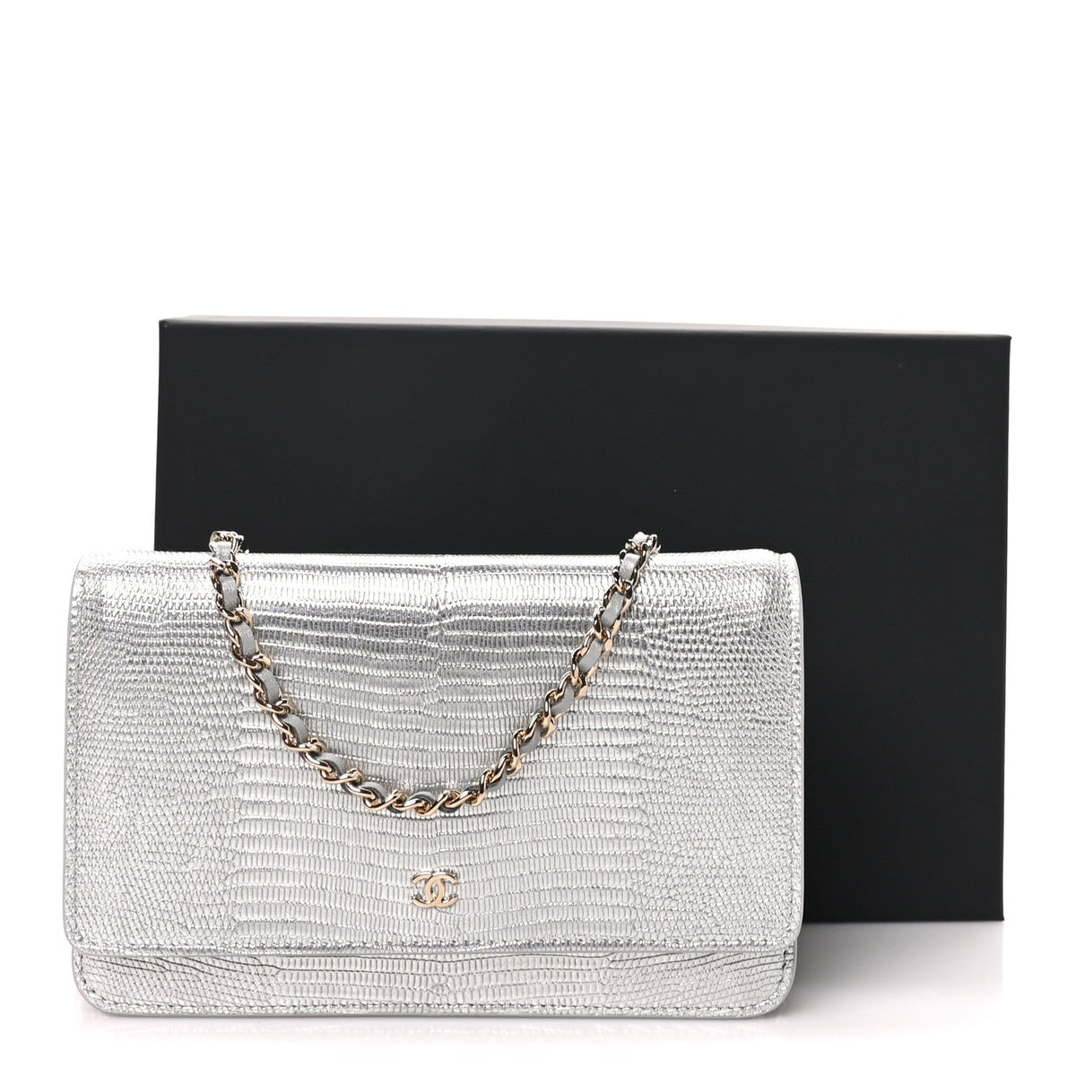 Calfskin Lizard Embossed Wallet on Chain WOC Silver wholesalehk.shop