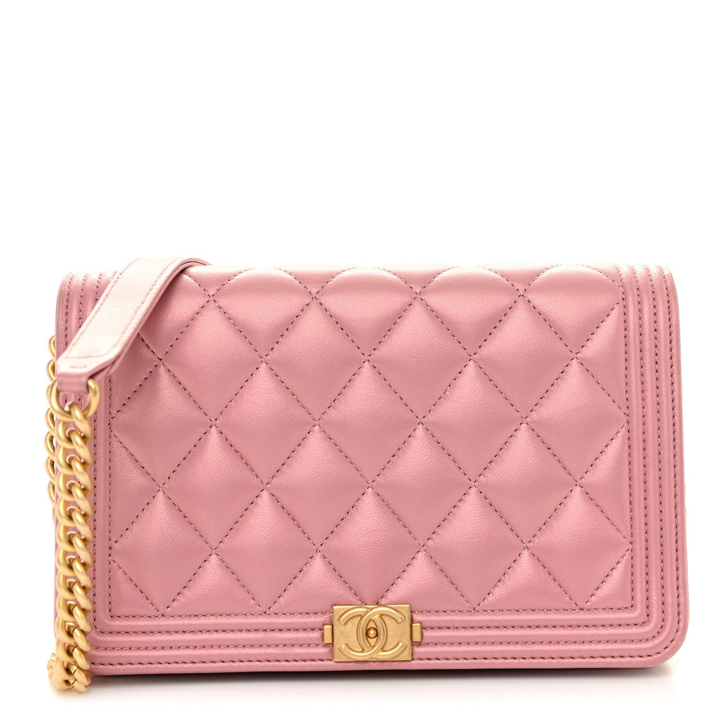Metallic Lambskin Quilted Boy Wallet On Chain WOC Pink wholesalehk.shop