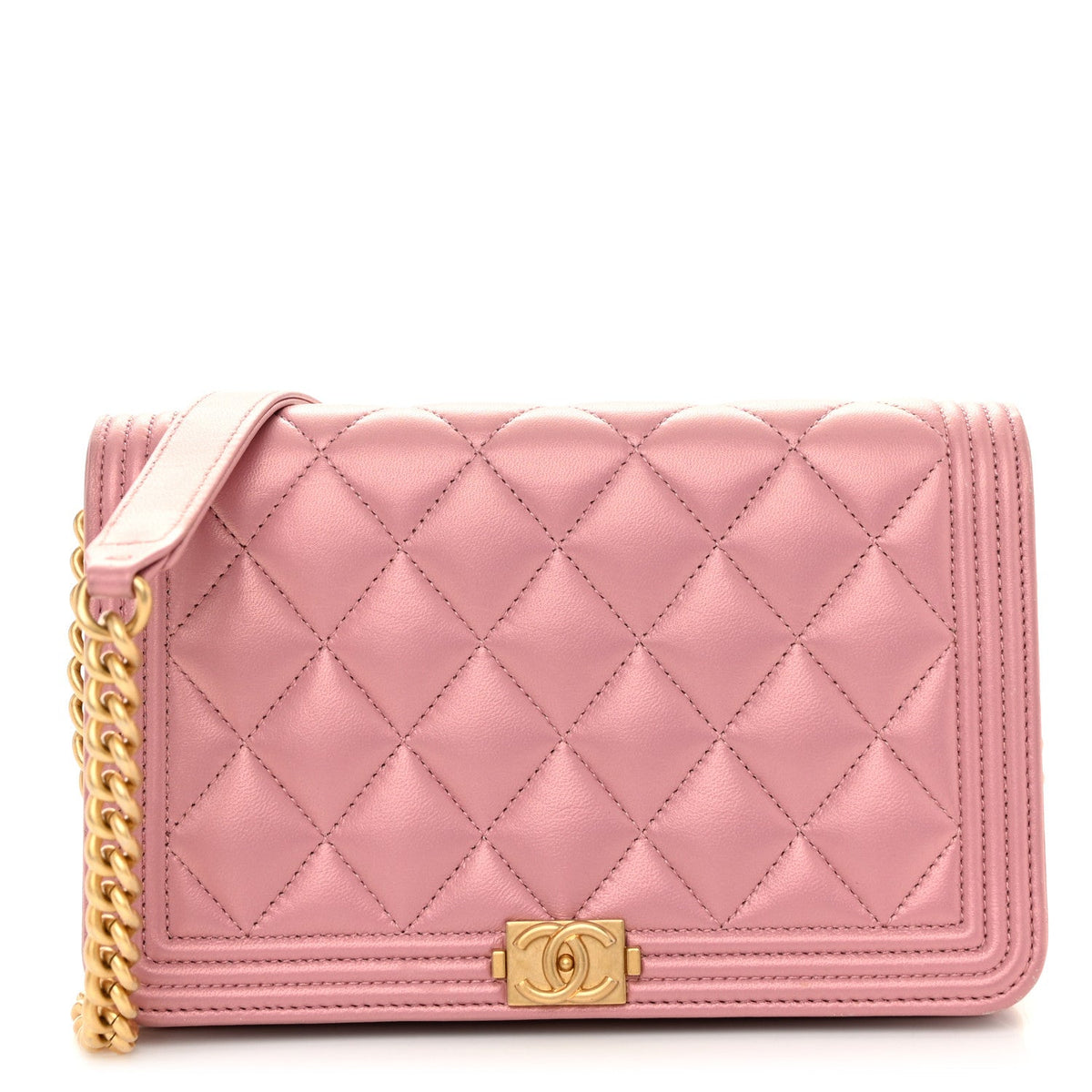 Metallic Lambskin Quilted Boy Wallet On Chain WOC Pink wholesalehk.shop