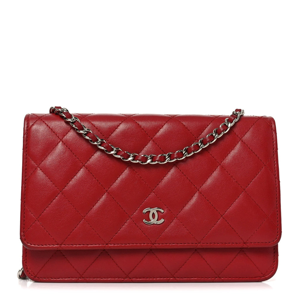 Lambskin Quilted Wallet On Chain WOC Red wholesalehk.shop