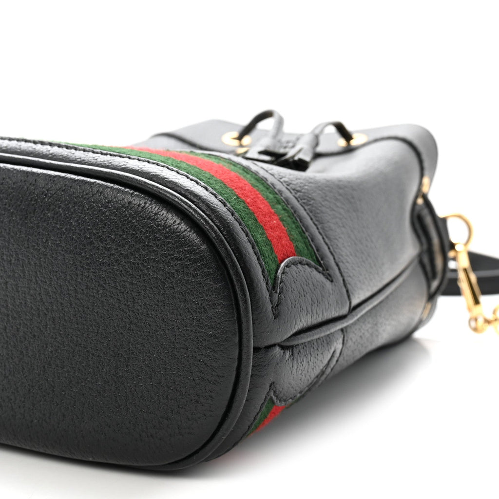 Glazed Textured Calfskin Web Small Ophidia Bucket Bag Black wholesalehk.shop