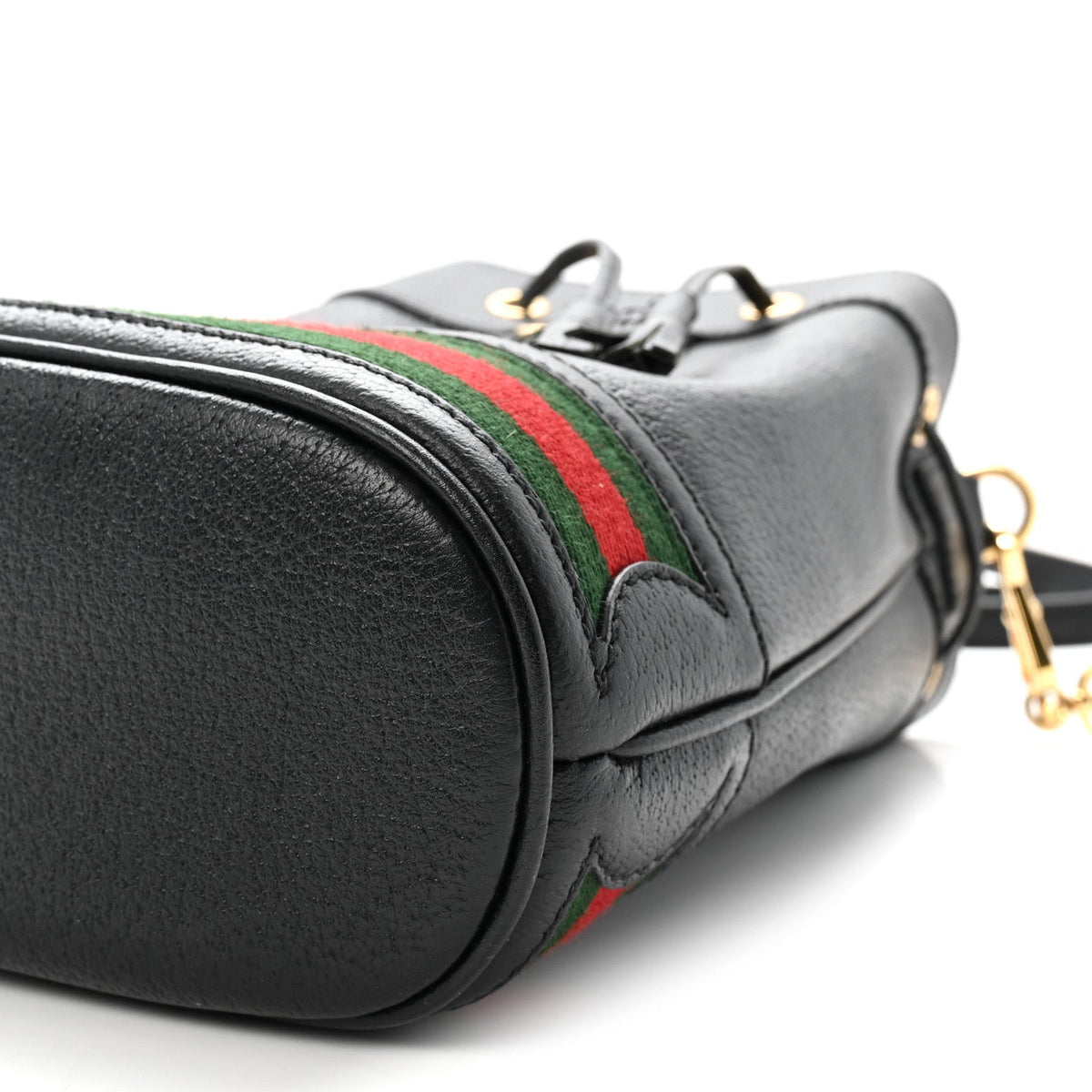 Glazed Textured Calfskin Web Small Ophidia Bucket Bag Black wholesalehk.shop