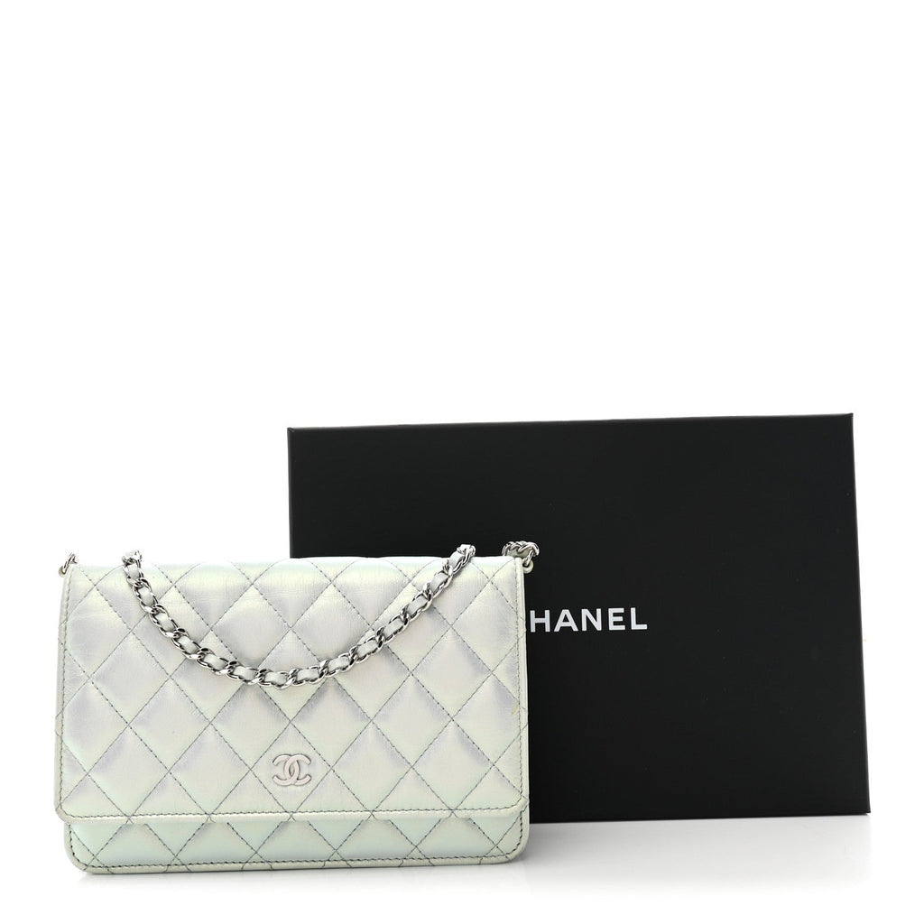 Iridescent Calfskin Quilted Wallet On Chain WOC Light Blue wholesalehk.shop