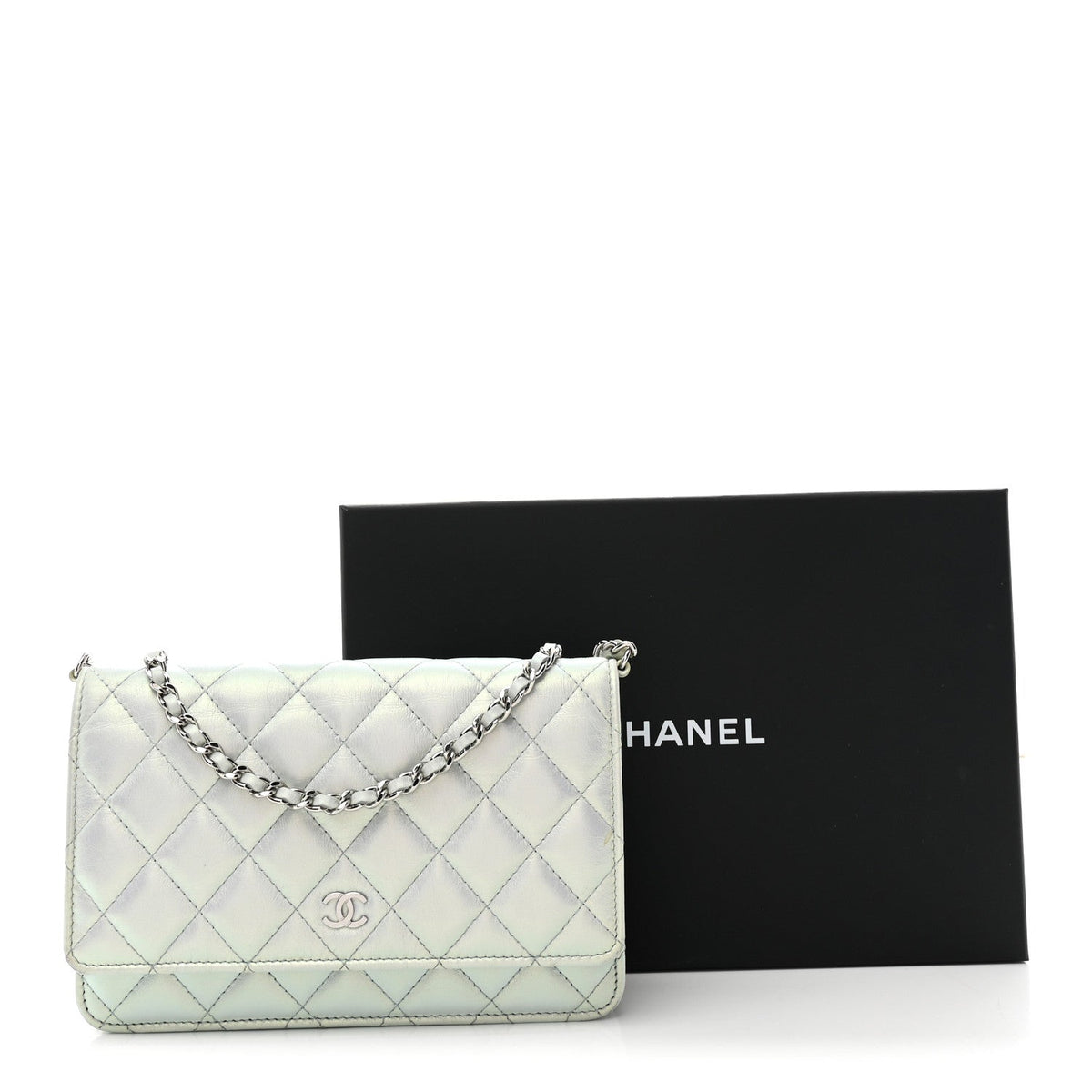 Iridescent Calfskin Quilted Wallet On Chain WOC Light Blue wholesalehk.shop