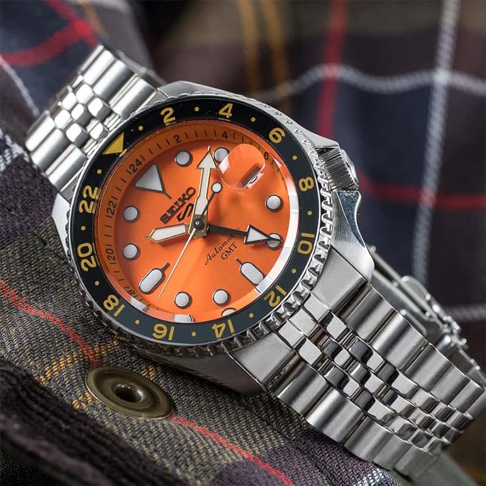 Seiko 5 Sports GMT Automatic Orange Dial Silver Steel Strap Watch For Men - SSK005K1 wholesalehk.shop