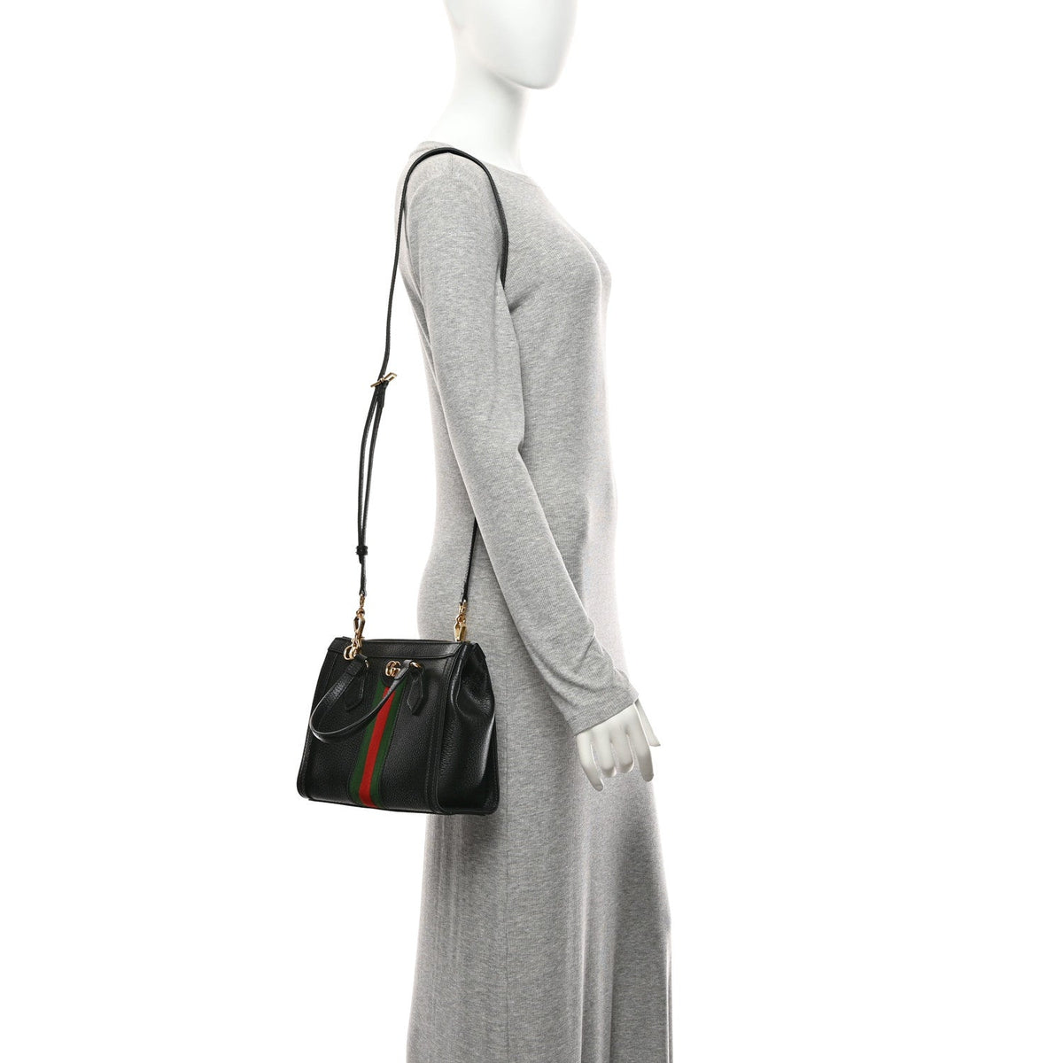 Textured Calfskin Web Small Ophidia Tote Bag Black wholesalehk.shop