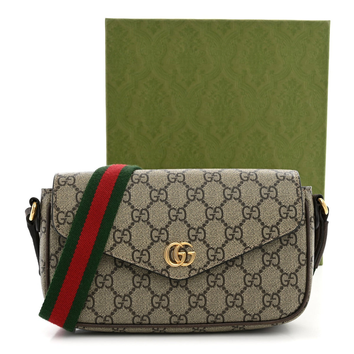 GG Supreme Monogram Textured Dollar Calfskin Web Mini Ophidia Envelope Shoulder Bag Beige Ebony wholesalehk.shop