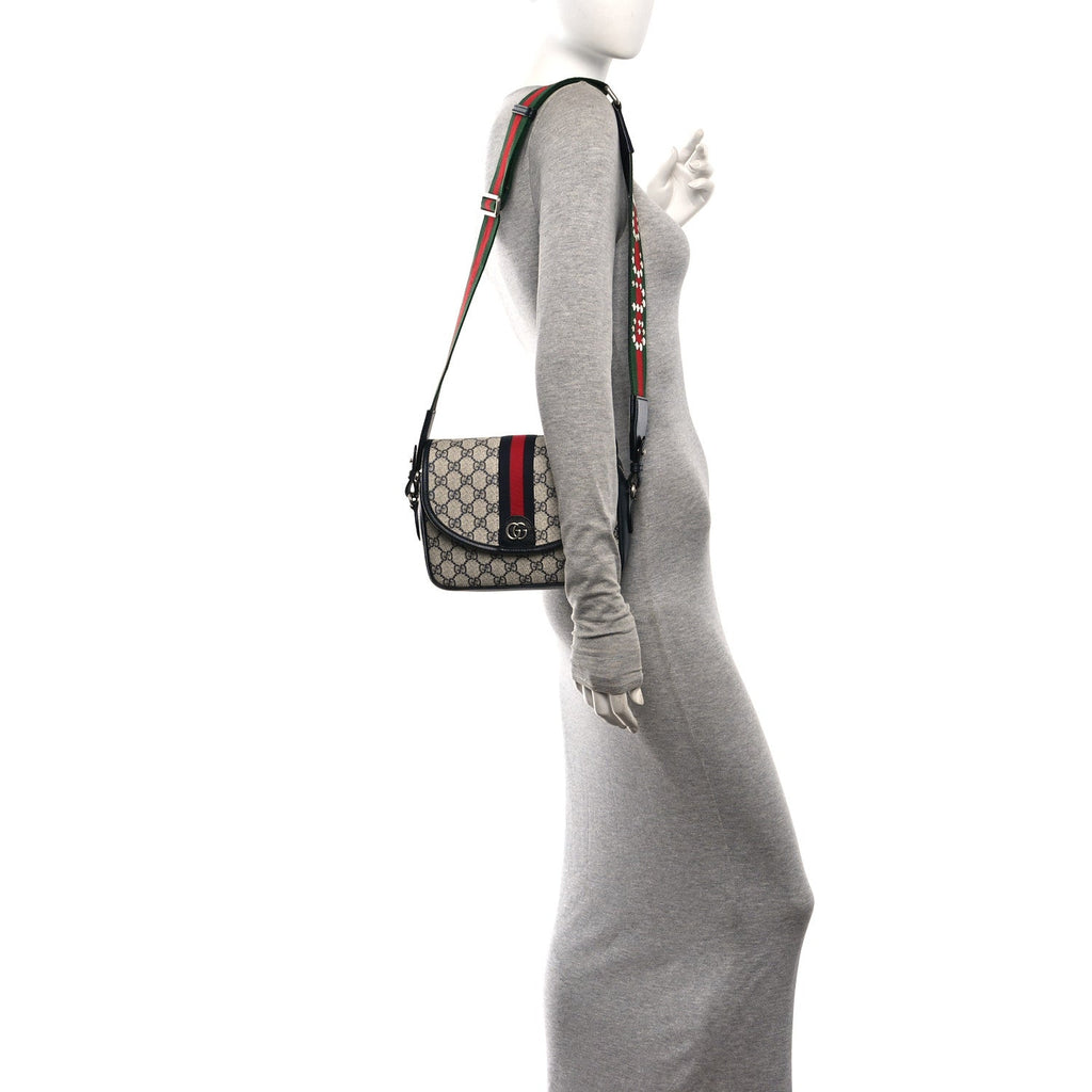 GG Supreme Monogram Textured Dollar Calfskin Web Studded Mini Ophidia Flap Shoulder Bag Beige Blue wholesalehk.shop