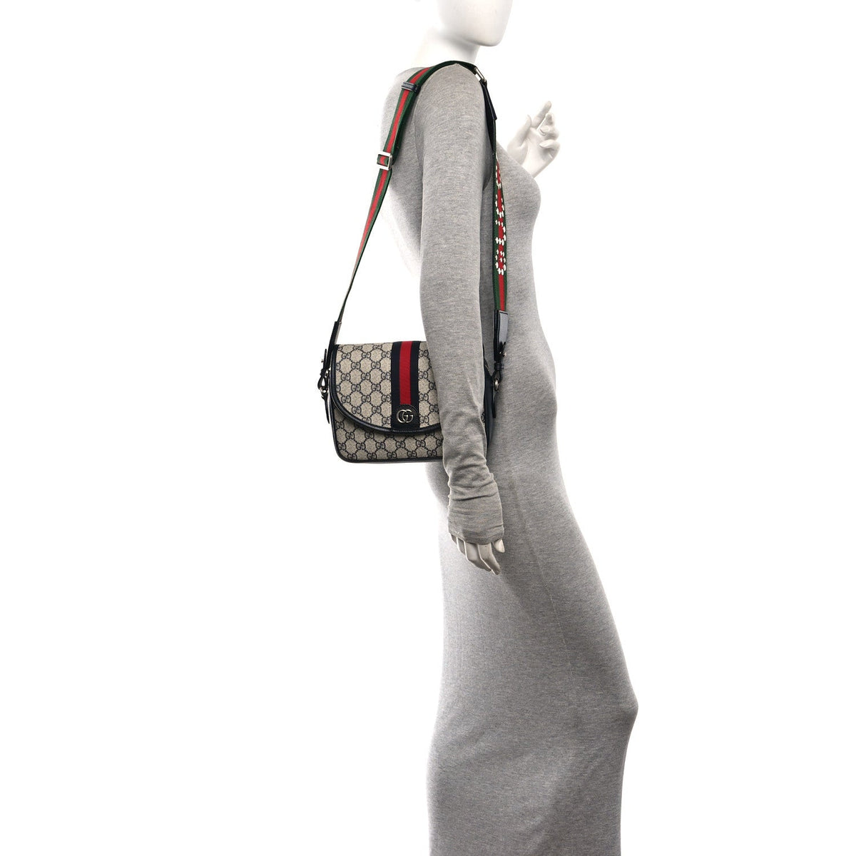 GG Supreme Monogram Textured Dollar Calfskin Web Studded Mini Ophidia Flap Shoulder Bag Beige Blue wholesalehk.shop