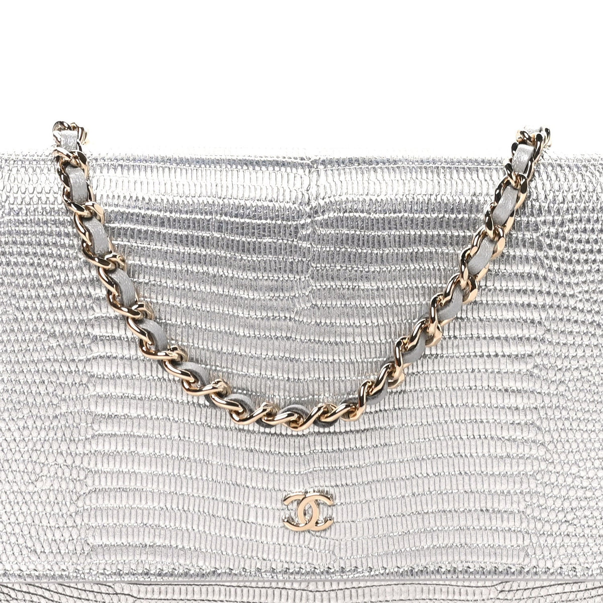 Calfskin Lizard Embossed Wallet on Chain WOC Silver wholesalehk.shop