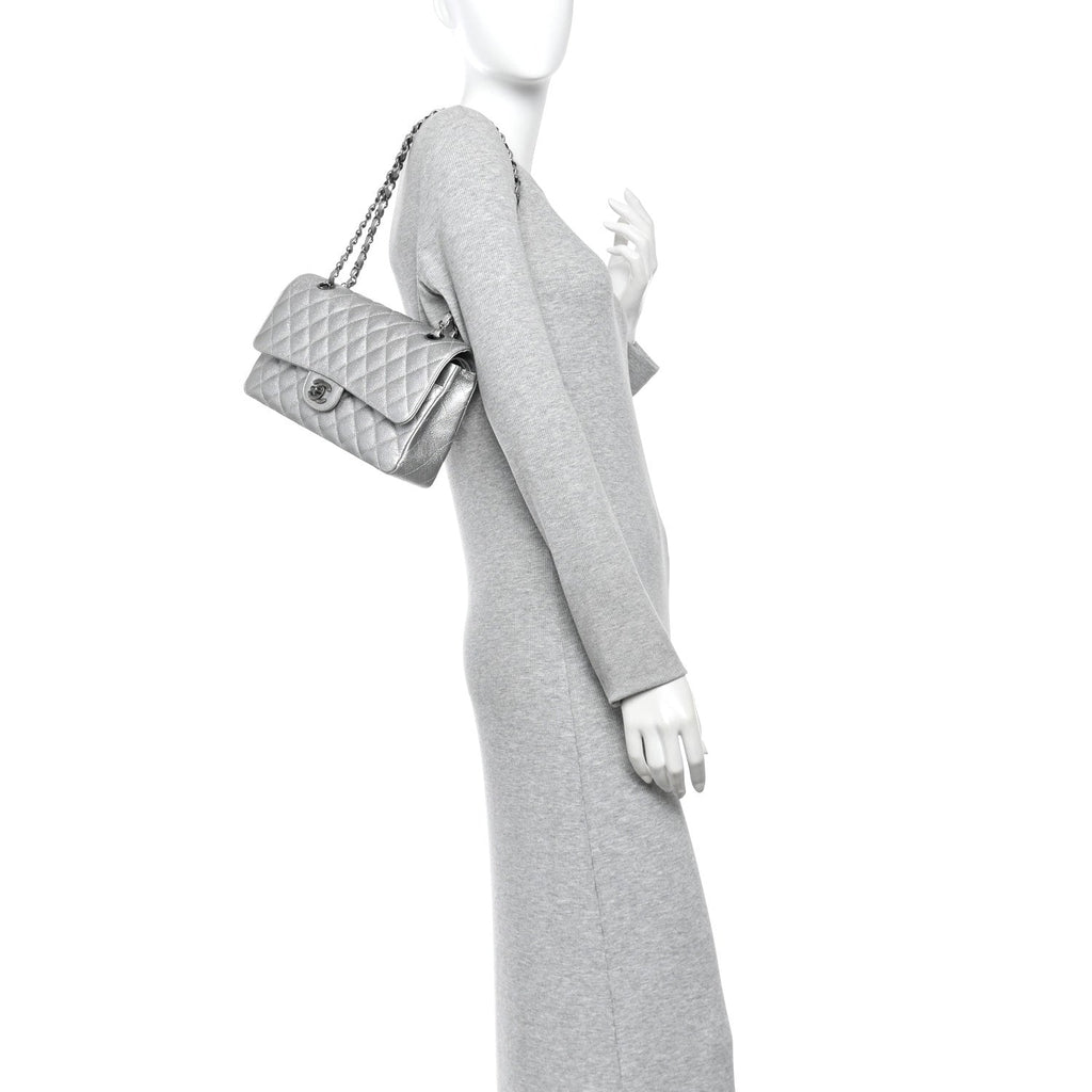 Metallic Caviar Quilted Medium Double Flap Silvery wholesalehk.shop