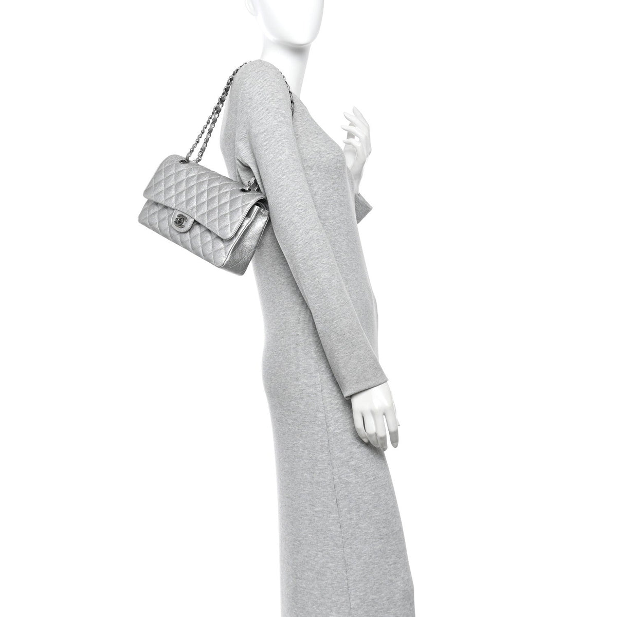 Metallic Caviar Quilted Medium Double Flap Silvery wholesalehk.shop