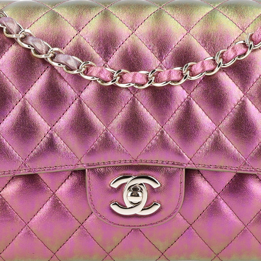Iridescent Lambskin Quilted Medium Double Flap Purple wholesalehk.shop